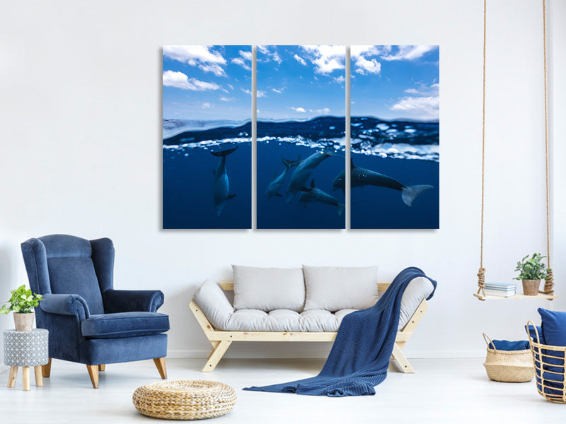 3-piece-canvas-print-between-air-and-water-with-the-dolphins