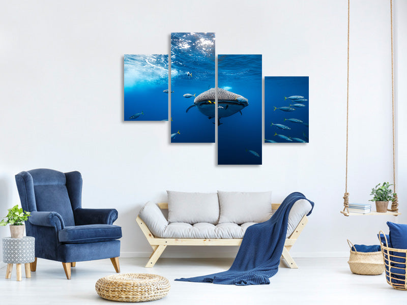 modern-4-piece-canvas-print-whale-shark-escorted-by-a-school-of-bonito