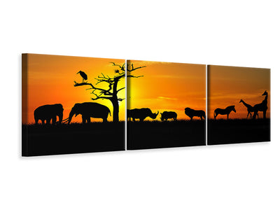 panoramic-3-piece-canvas-print-safari-animals-at-sunset